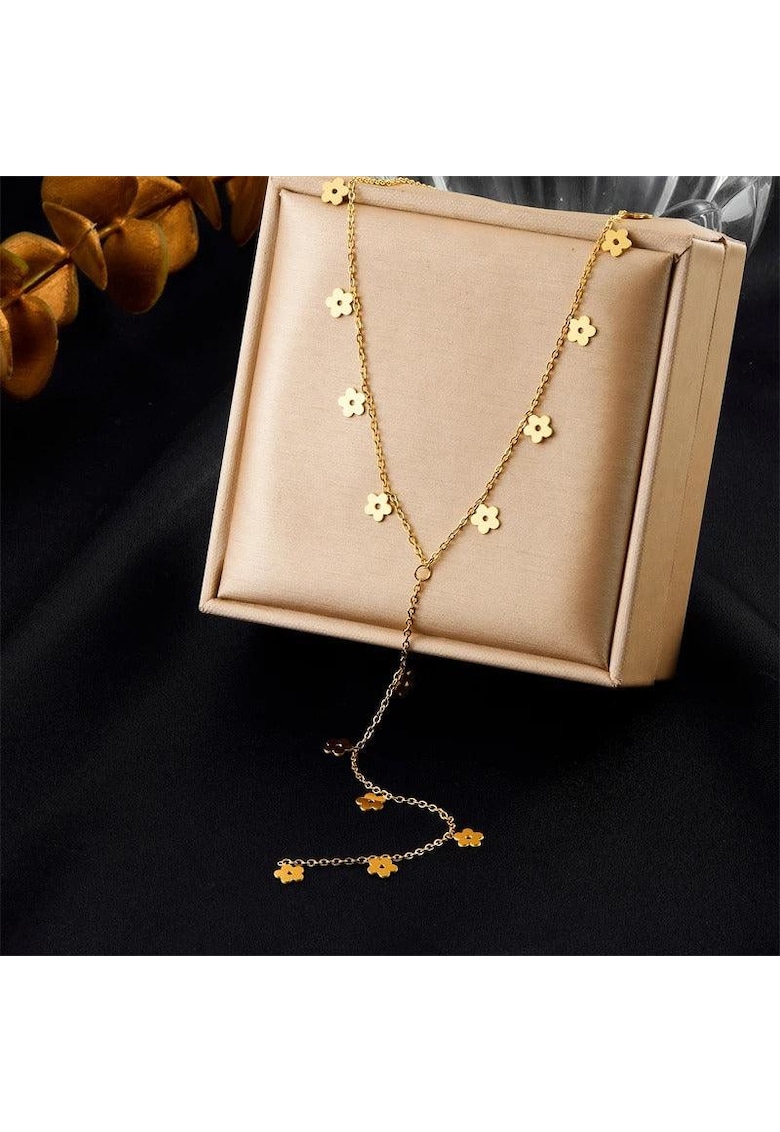 Colier auriu - din otel inoxidabil - suflat cu aur 18k - cu floricele - Dylan C1