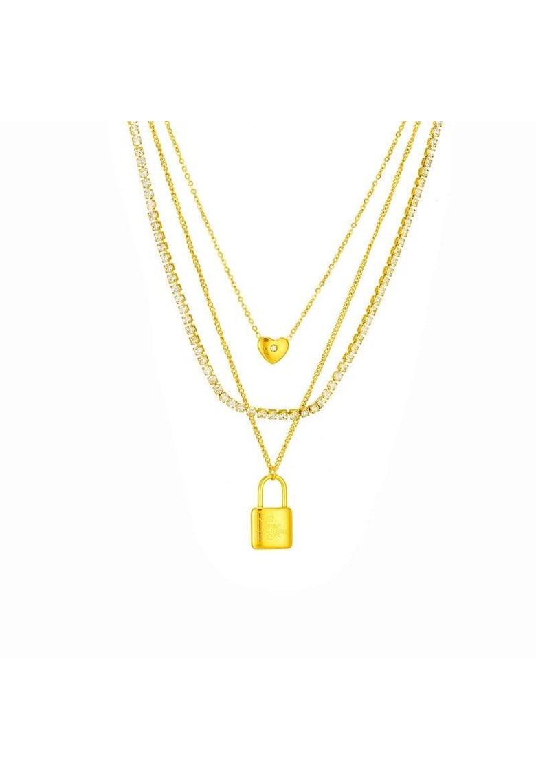 Colier auriu - din otel inoxidabil - suflat cu aur 18k - tennis - in 3 straturi - cu pietre si lacat - Dyveke C1