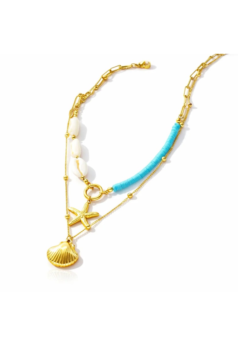 Colier auriu - din otel inoxidabil - suflat cu aur 18k - in 2 straturi - cu scoici si stea de mare - Ebrikka C1