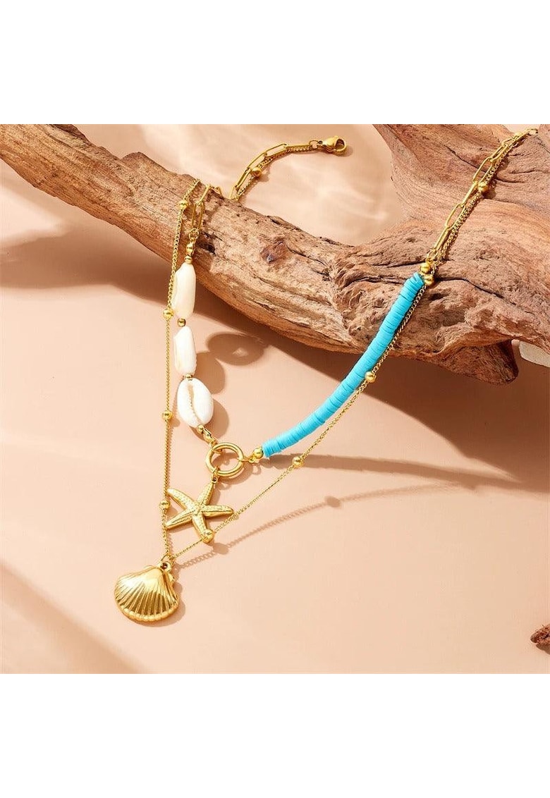 Colier auriu - din otel inoxidabil - suflat cu aur 18k - in 2 straturi - cu scoici si stea de mare - Ebrikka C1