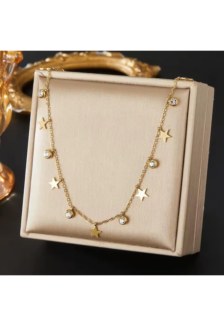 Colier auriu - din otel inoxidabil - suflat cu aur 18k - cu stelute si pietre din zirconiu - Edia C1