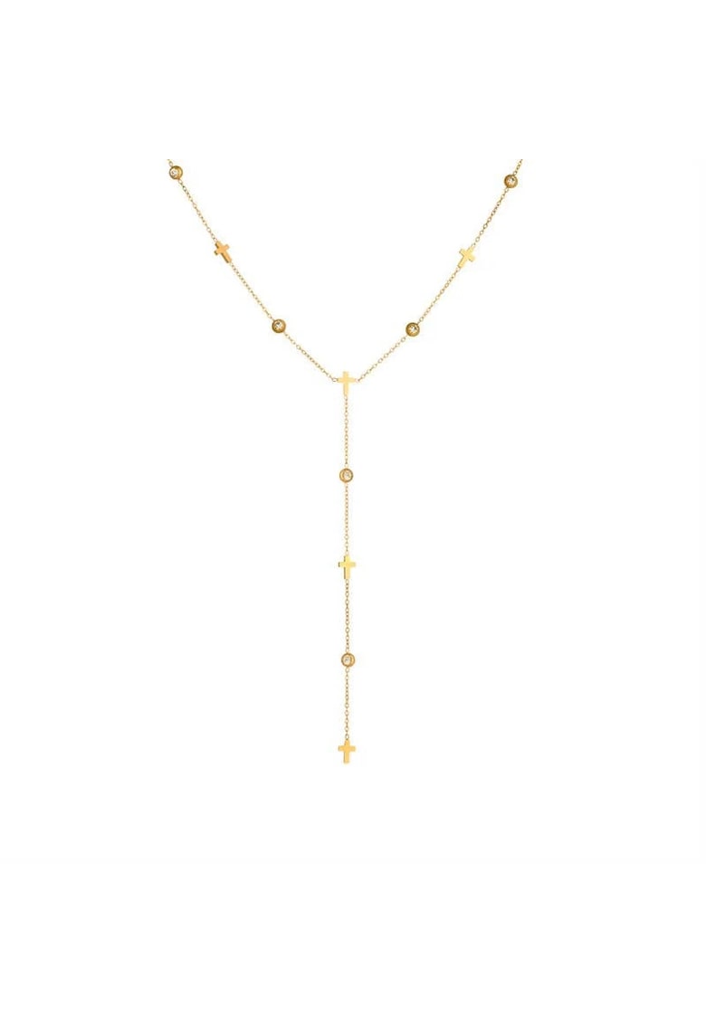 Colier auriu - din otel inoxidabil - suflat cu aur 18k - cu cruciulite si pietre din zirconiu - Edora C1