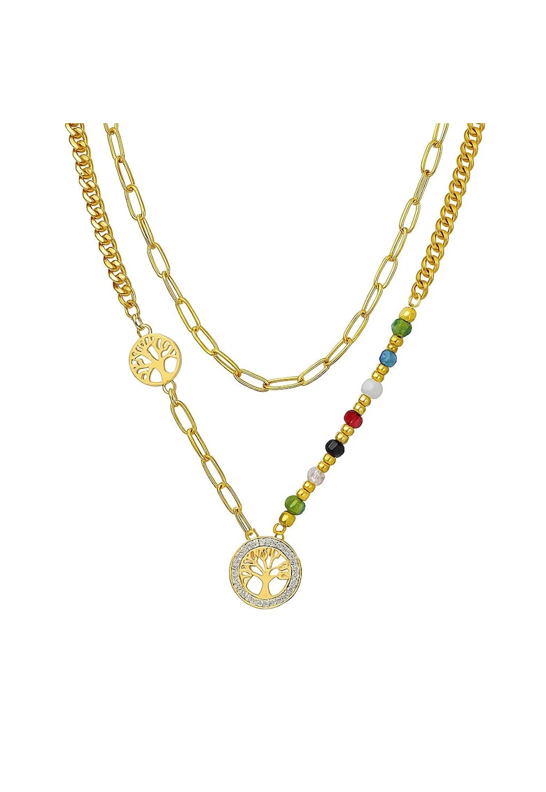 Colier auriu - din otel inoxidabil - suflat cu aur 18k - cu margelute si copacul vietii - Edwarda C1