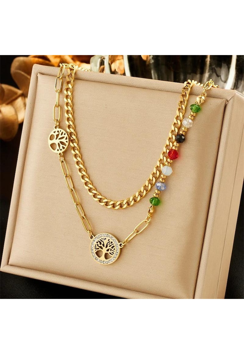 Colier auriu - din otel inoxidabil - suflat cu aur 18k - cu margelute si copacul vietii - Edwarda C1