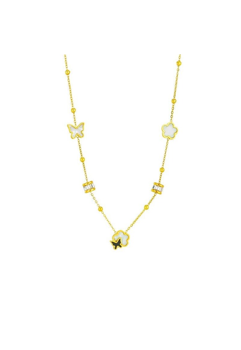 Colier auriu - din otel inoxidabil - suflat cu aur 18k - cu floricele si pietre din zirconiu - Eida C1