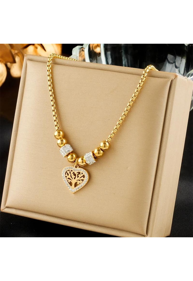 Colier auriu - din otel inoxidabil - suflat cu aur 18k - cu inimioara si copacul vietii - Eigel C1