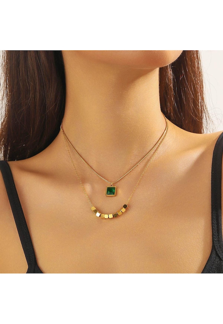 Pursehuit Colier auriu - din otel inoxidabil 316L - placat cu aur 18K PVD - in 2 straturi - cu piatra verde - Eimar C2
