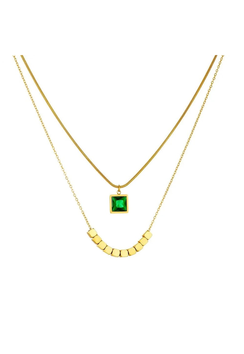 Colier auriu - din otel inoxidabil - suflat cu aur 18k - in 2 straturi - cu piatra verde - Eimar C2