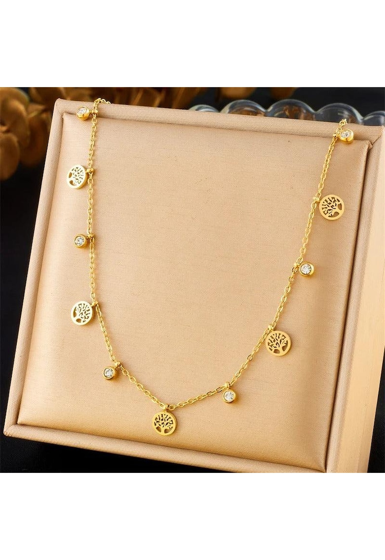 Colier auriu - din otel inoxidabil - suflat cu aur 18k - cu pietre si copacul vietii - Ekaterina C2