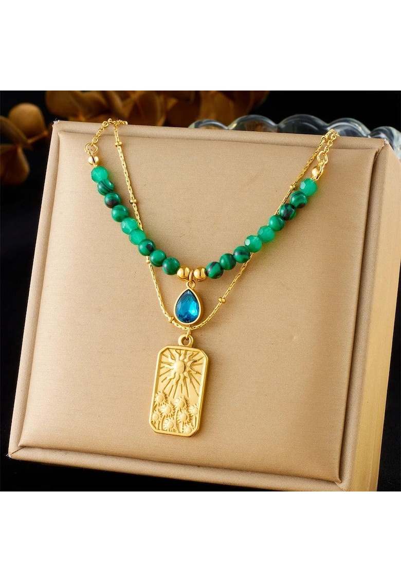 Colier auriu - din otel inoxidabil - suflat cu aur 18k - in 2 straturi - cu margelute verzi - Eleanora C2