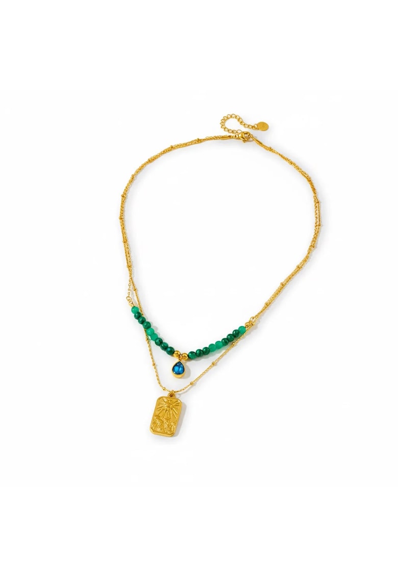 Colier auriu - din otel inoxidabil - suflat cu aur 18k - in 2 straturi - cu margelute verzi - Eleanora C2