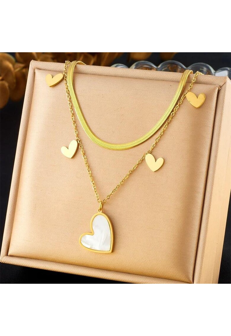 Colier auriu - din otel inoxidabil - suflat cu aur 18k - in 2 straturi - cu inimioare - Electra C2