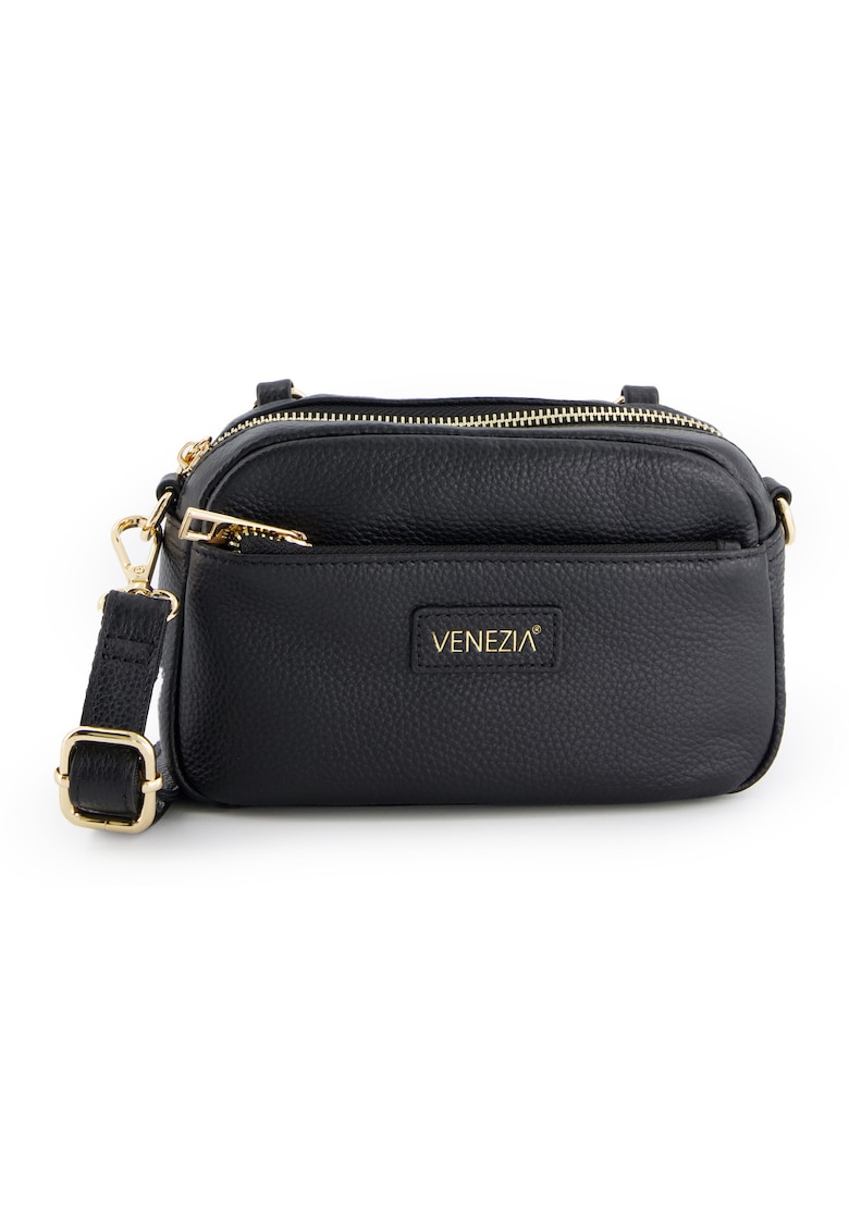 Geanta crossbody dama  piele naturala - neagra - 12x20x6cm - cu 2 buzunare interioare - curea detasabila max 128cm