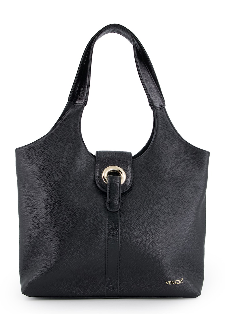 Geanta dama shopper - piele naturala - neagra - 32x35x9cm - 2 buzunare interioare - 1 buzunar exterior