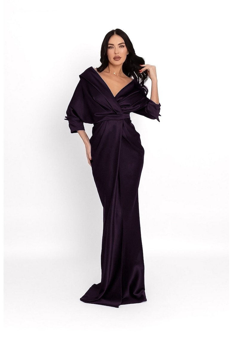 Rochie maxi de satin cu decolteu pe umeri