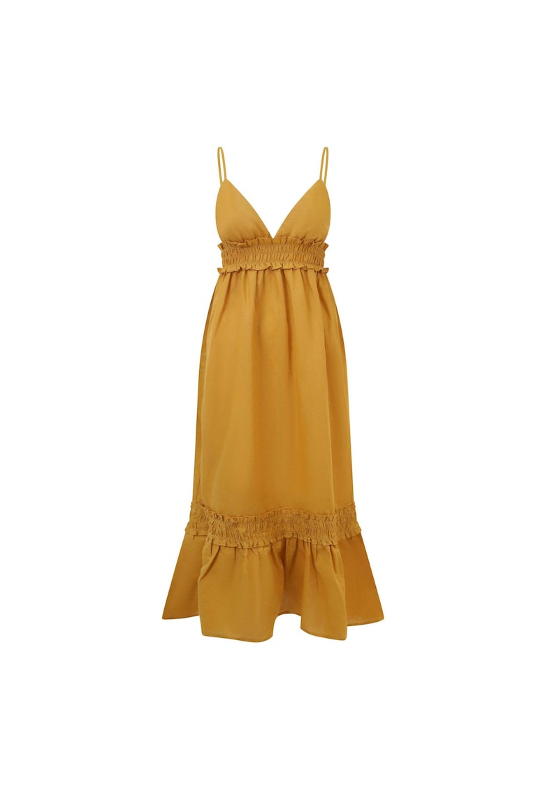 Rochie maxi cu decolteu in V si insertii elastice - Galben mustar