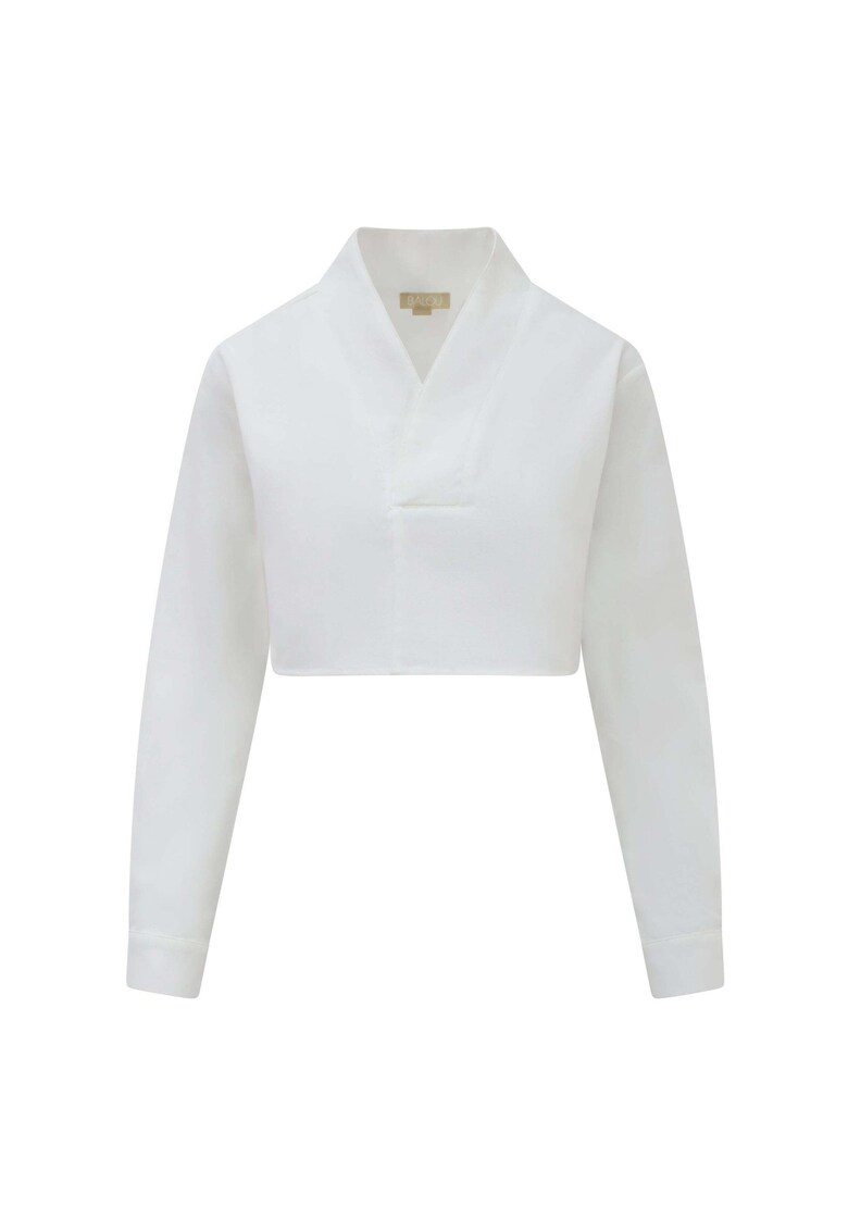 Bluza crop cu maneci lungi si decolteu in V - Alb
