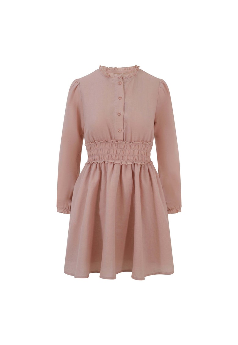 Rochie scurta din amestec de in cu garnitura cu insertii elastice in talie