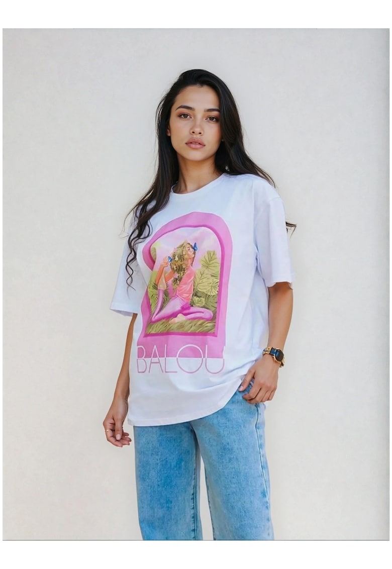 Tricou supradimensionat cu imprimeu grafic - Alb