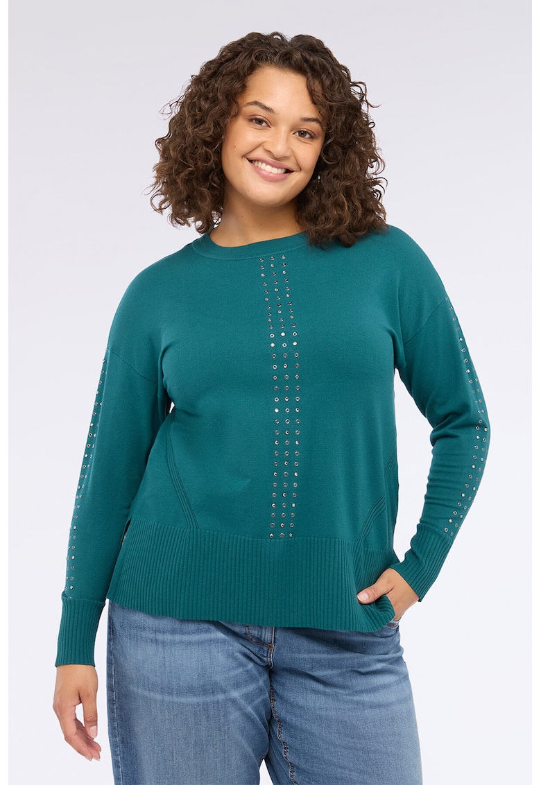 Pulover cu aplicatie cu nituri si decolteu rotund - Verde persan/Argintiu