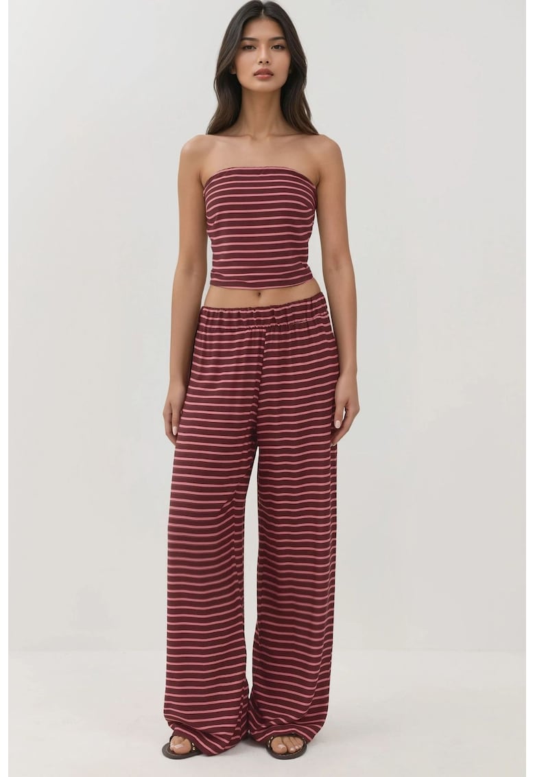 Set doua piese - top fara bretele si pantaloni cu dungi - rosu - jerseu