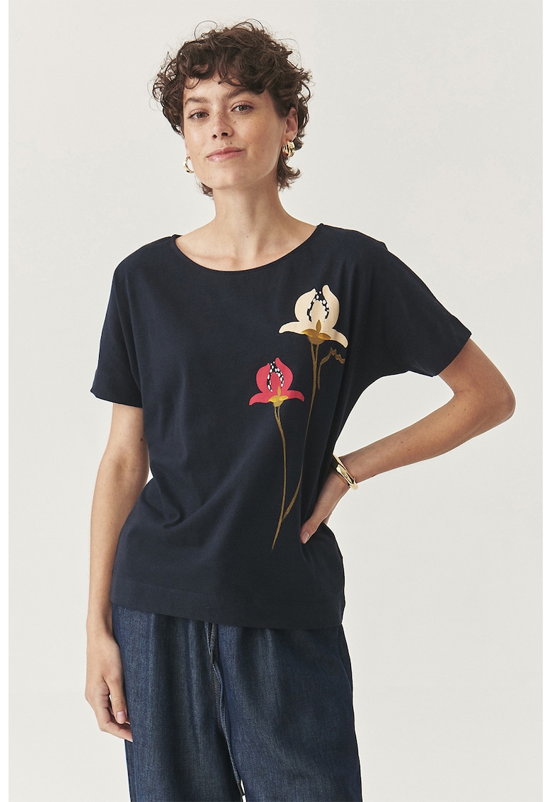 Tricou de bumbac cu decolteu rotund si design floral