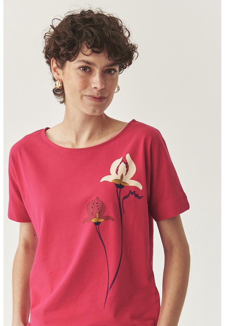 Tricou de bumbac cu decolteu rotund si design floral