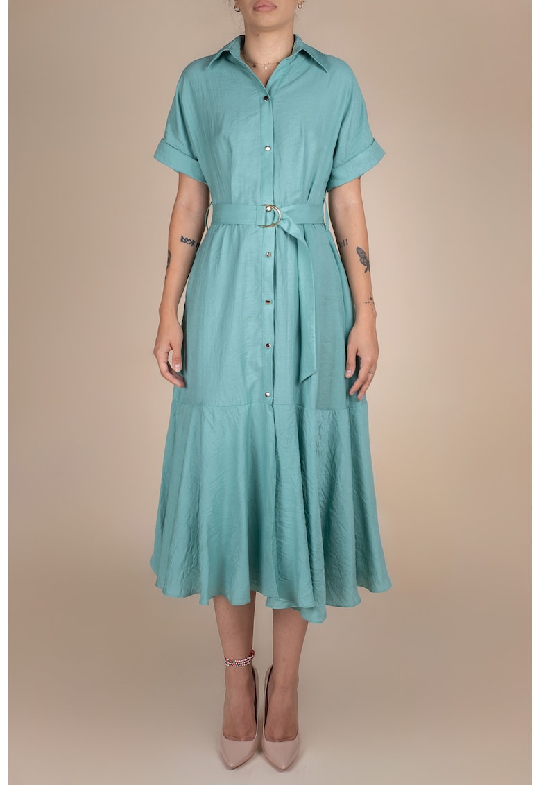 Rochie-camasa midi cu volane si cordon in talie