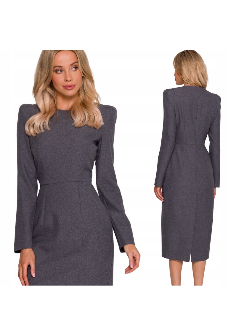 Rochie midi - S412 Gri Decolteu rotund Maneci lungi - Fermoar ascuns la spate - Gri