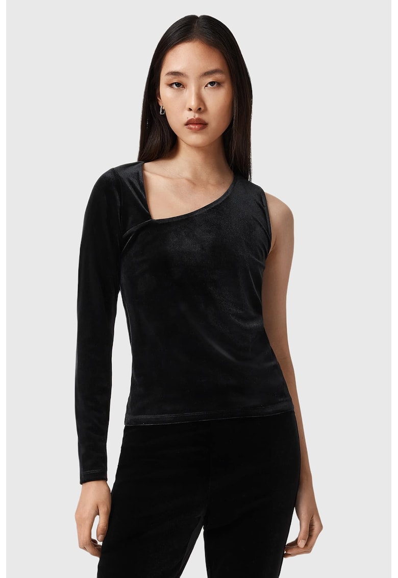Bluza de catifea cu decolteu pe un umar - Negru