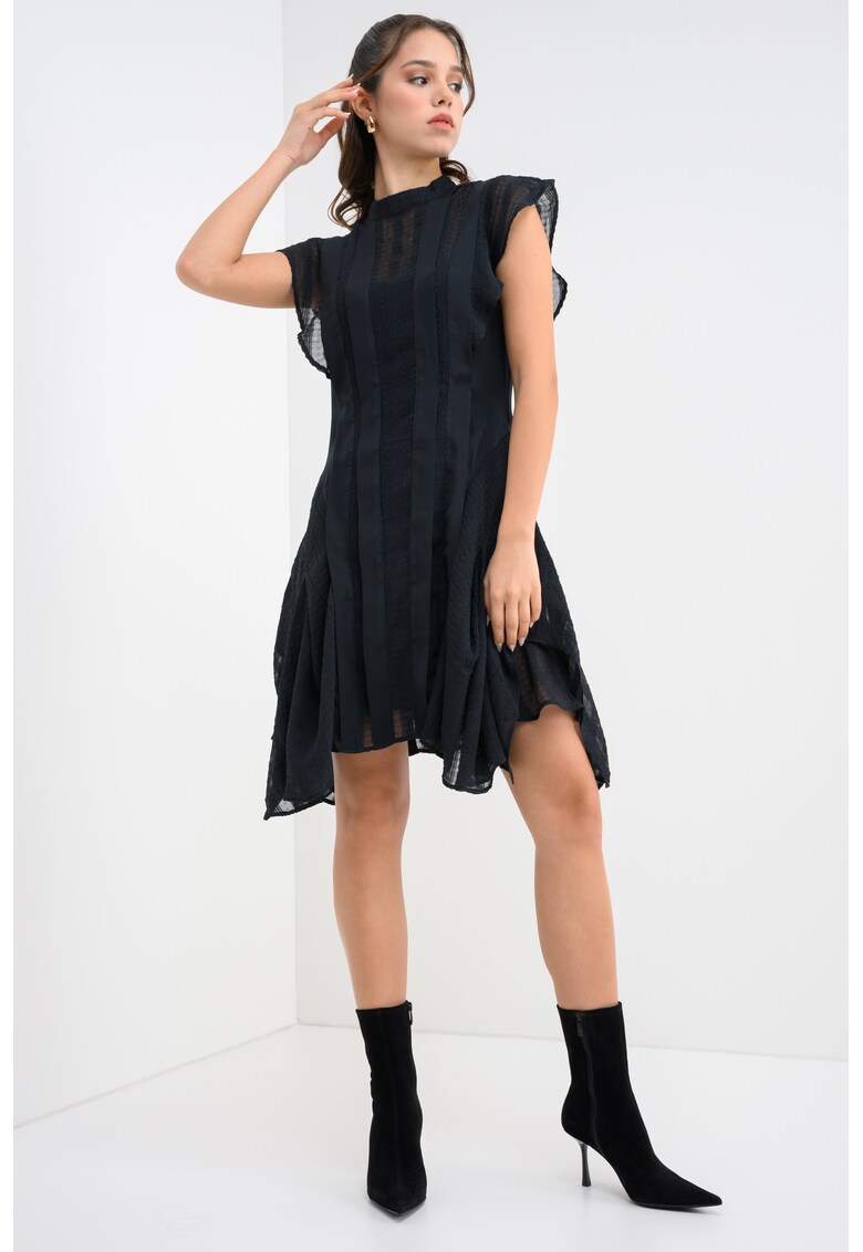 Rochie asimetrica texturata cu volane Fleur - Negru