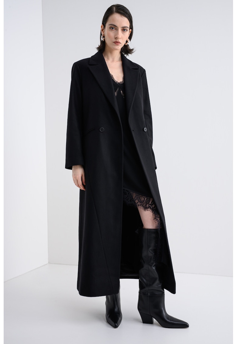 Palton lung din amestec de lana cu logo brodat pe partea din spate