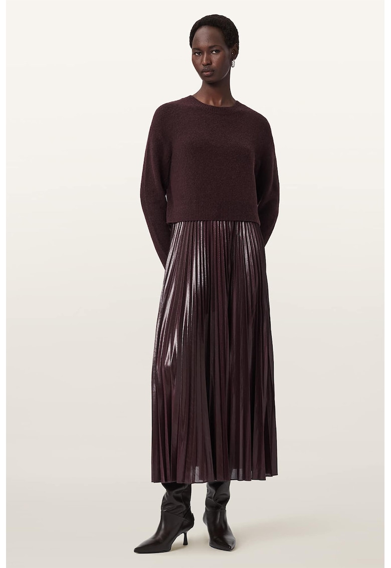 Set de rochie cu aspect plisat si pulover cu decolteu la baza gatului - 2 piese