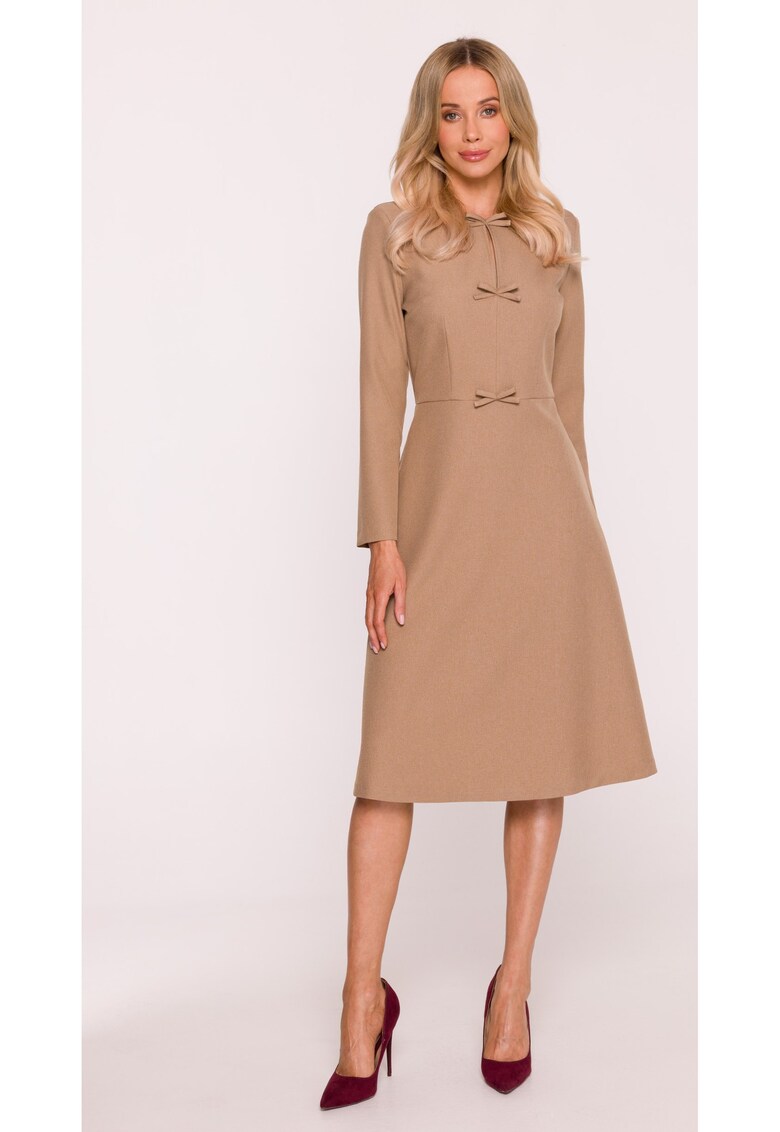 Rochie midi - S413 Bej decolteu maneci lungi - decorative - Poliester - Trapezoidala