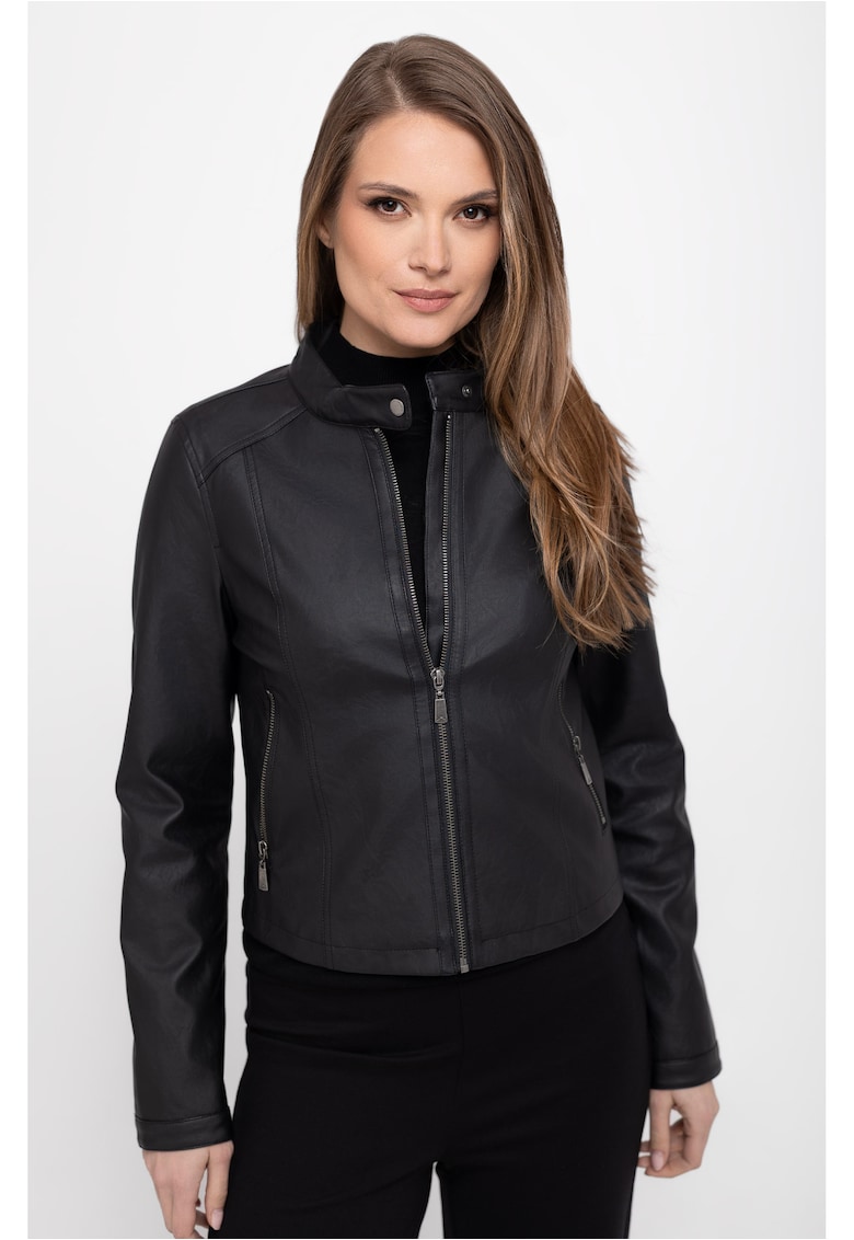 Jacheta dama - piele ecologica - fermoar - guler ridicat cu clapa - J-Fittya - Negru