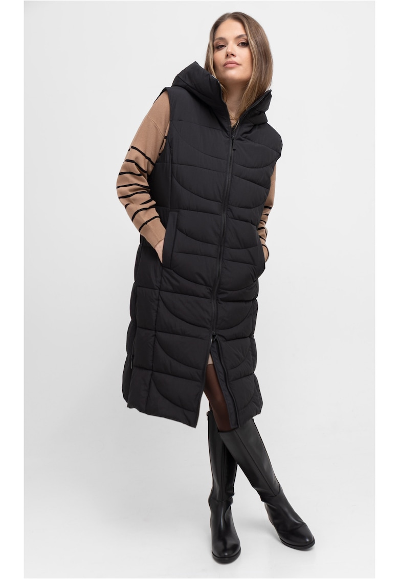 Vesta lunga matlasata cu gluga - fermoar - dama - V-Java - neagra