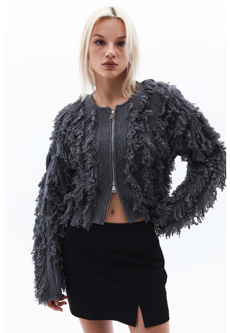 Cardigan cu fermoar si franjuri