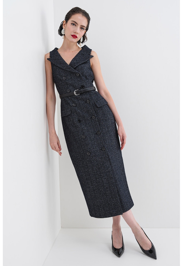 Rochie midi din amestec de lana cu nasturi si curea in talie