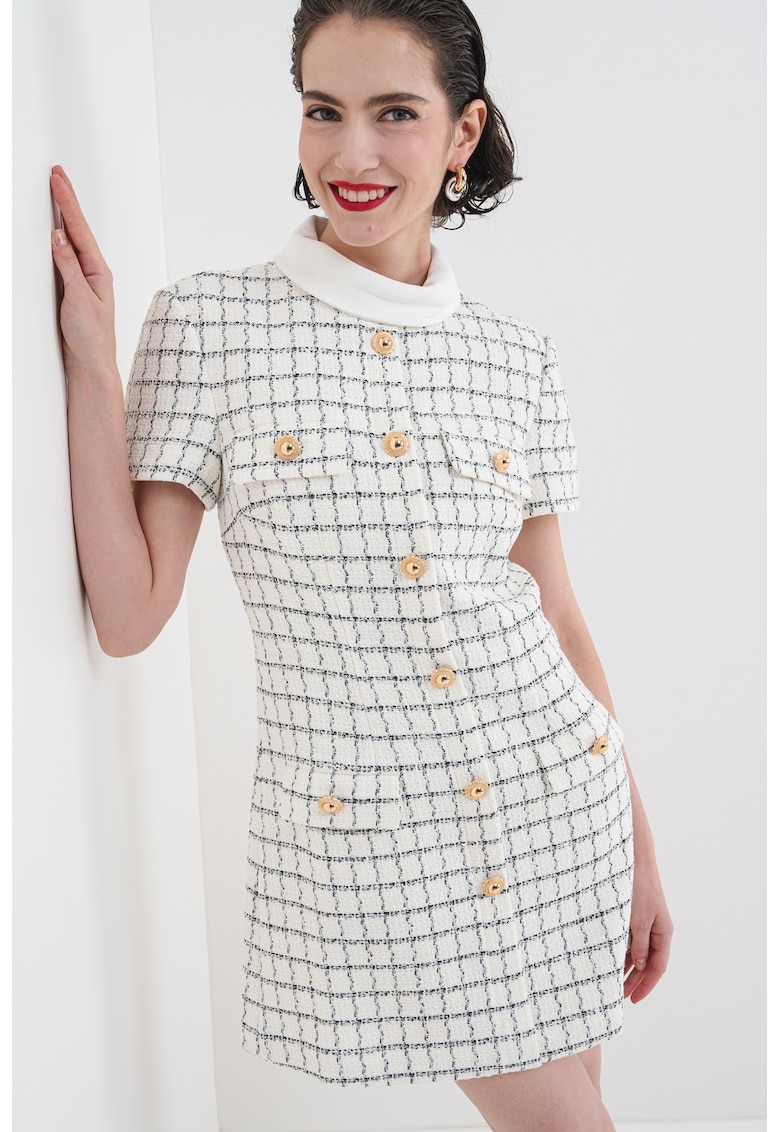 Rochie mini in carouri din amestec de lana cu nasturi decorativi