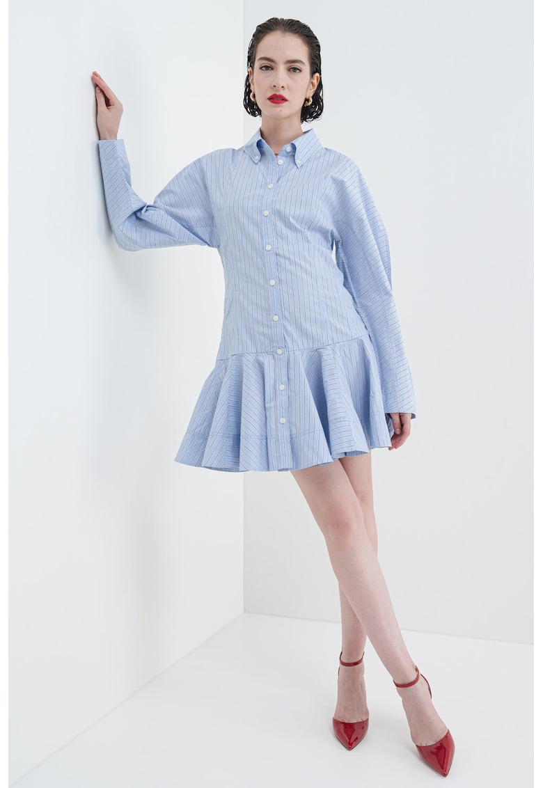 Rochie-camasa mini cu croiala evazata si maneci lungi