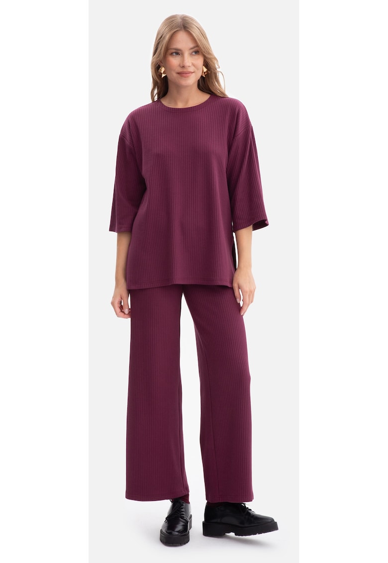 Pantaloni casual - B300 Pruna Lungi - Tricot cu dungi - Talie elastica - Fara buzunare - Croiala lejera - Perfect zilnica - Pruna