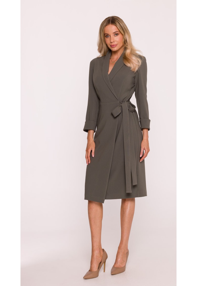 Rochie Midi - S415 Kaki Decolteu in V - Guler Sal - Maneci 7/8 - Legatura in talie - Material neted cu finisaj moale - Partial captusita - Stil infasurat