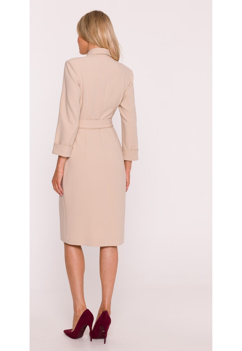 Rochie Midi S415 Beżowa Decolteu in V - Top mulat - Maneci 7/8 cu mansete - Talie cu curea