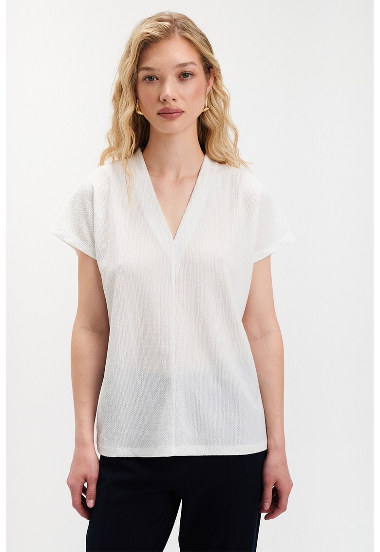 Bluza cu decolteu in V si mansete elastice - Alb murdar