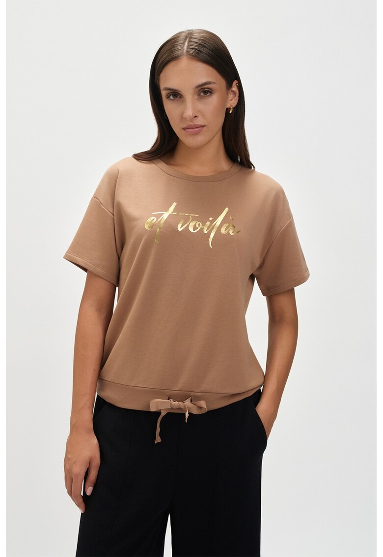 Tricou cu imprimeu si maneci cazute - Auriu/Maro deschis