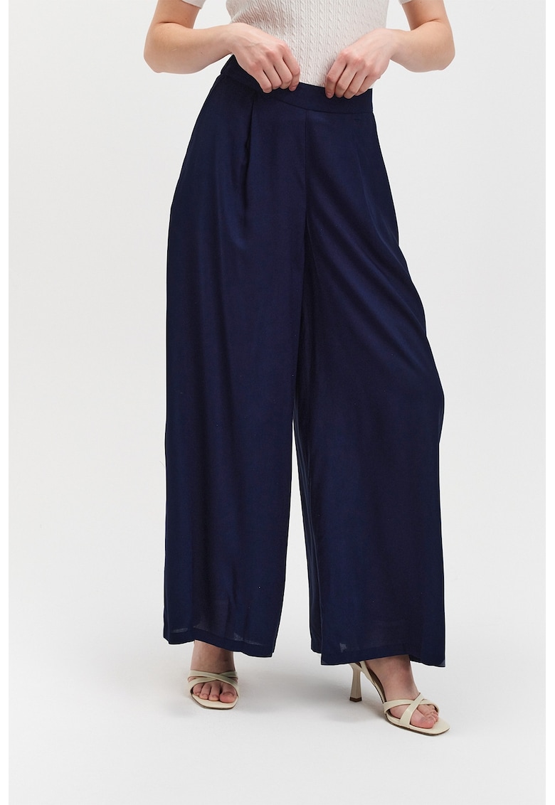 Pantaloni cu croiala ampla si talie inalta - Bleumarin