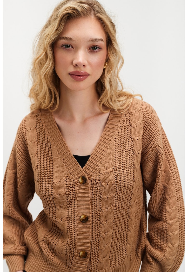 Cardigan cu decolteu in V si nasturi - Maro deschis