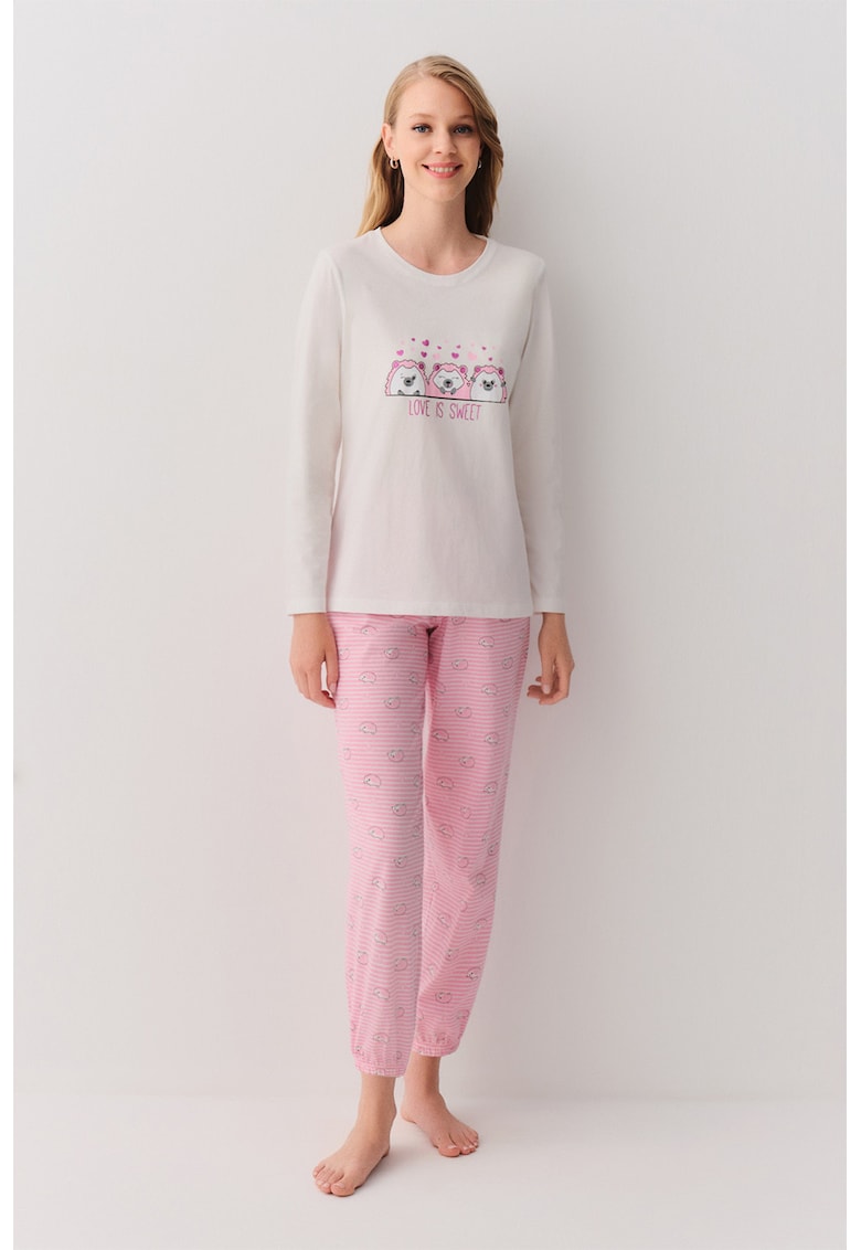 Pijama de bumbac cu pantaloni lungi si imprimeu