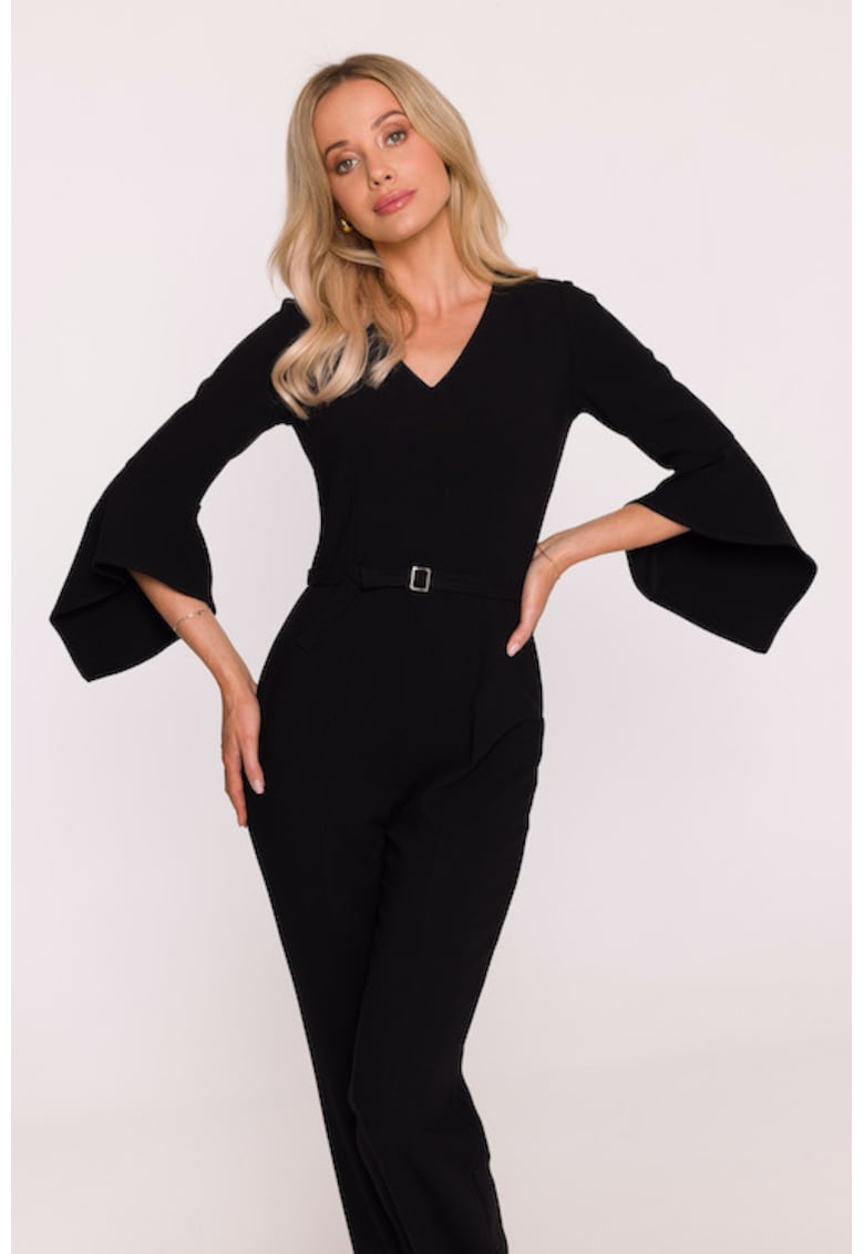 Salopeta - S416 Negru XL - Decolteu in V - Maneci 7/8 cu volane - Picior drept - Material neted cu finisaj moale - fermoar ascuns la spate