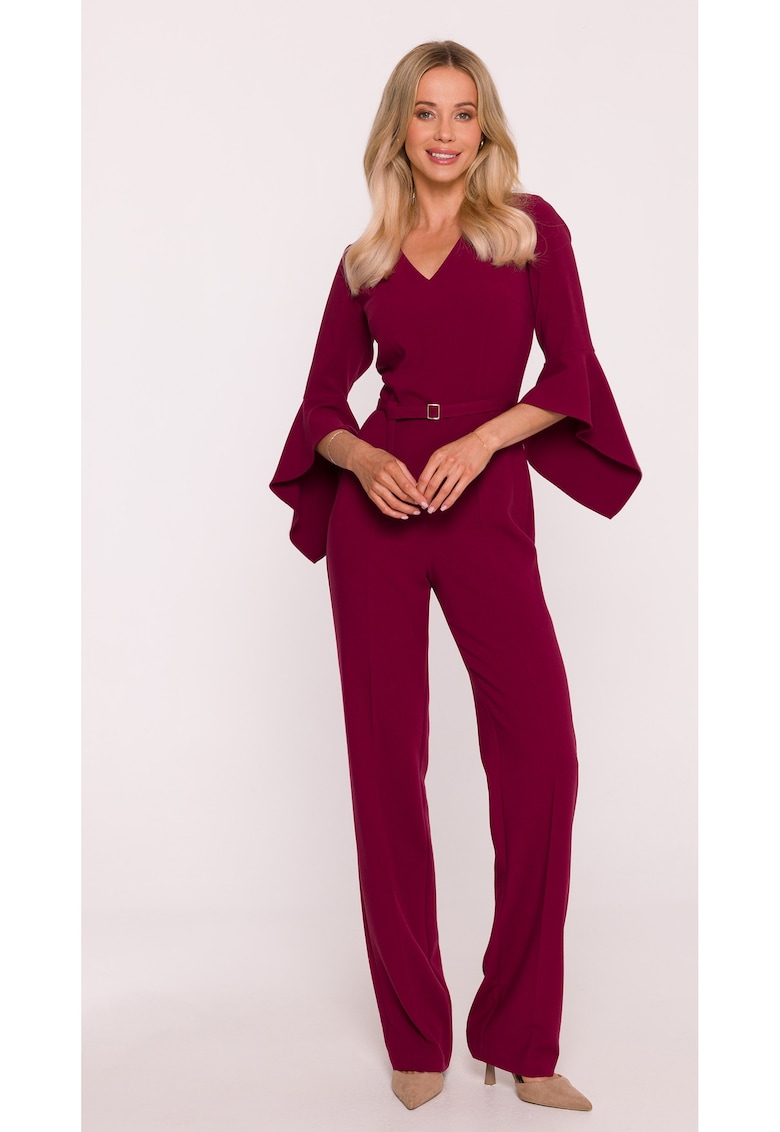 Salopeta - S416 Bordeaux Decolteu in V - Maneci 7/8 cu volane - Picior drept - Material neted cu finisaj moale - fermoar ascuns la spate